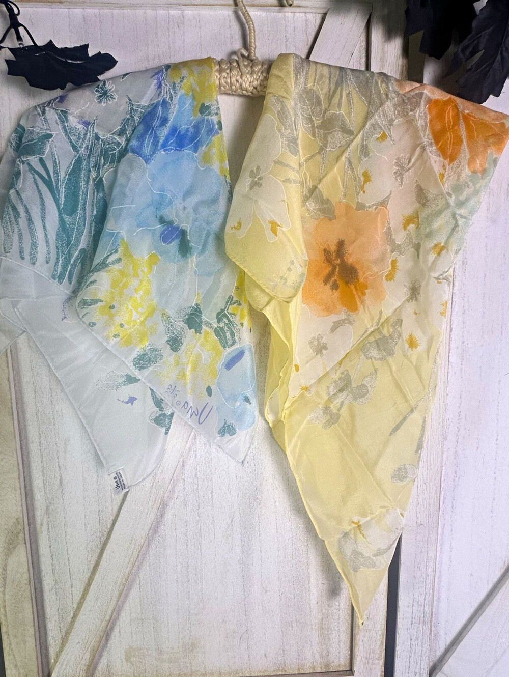 Vera vintage Floral watercolor sheer Silk Chiffon Scarf x2 rolled hem delicate